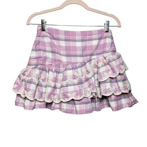 LoveShackFancy purple plaid embroidered tiered ruffle asymmetric skirt size 4 - Picture 11 of 11